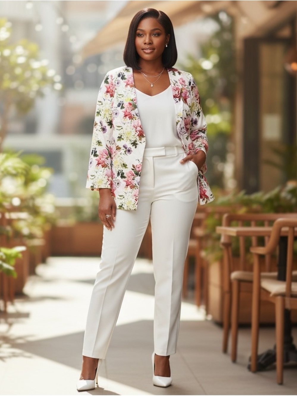 Fashion Nova White Floral Split Bell Sleeve Collarless Blazer